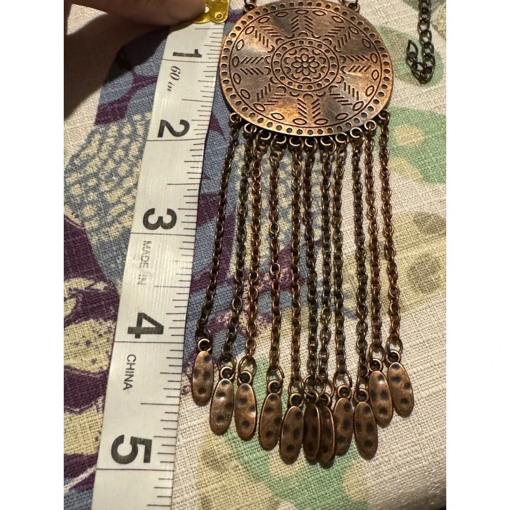 Boho Antiqued Copper Medallion Fringe Statement Necklace Geometric Tribal Drop